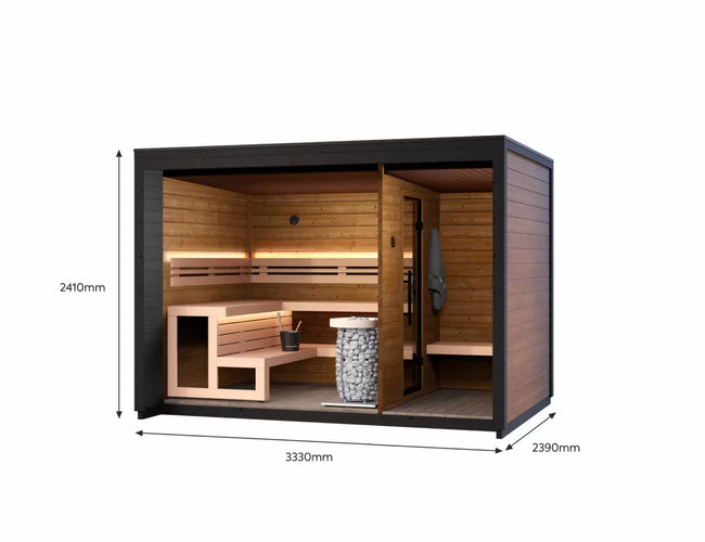 Leil® Patio M | Premium Gartensauna aus Fichte oder Thermoholz mit Vorraum |  239 x 330 x 245 cm (B/T/H)