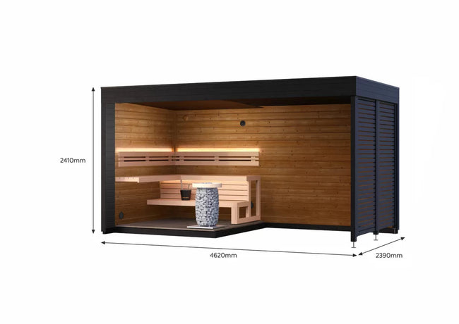 Leil® Patio S Plus | Premium Gartensauna aus Fichte oder Thermoholz mit Überdach |  462 x 239 x 254 cm (B/T/H)