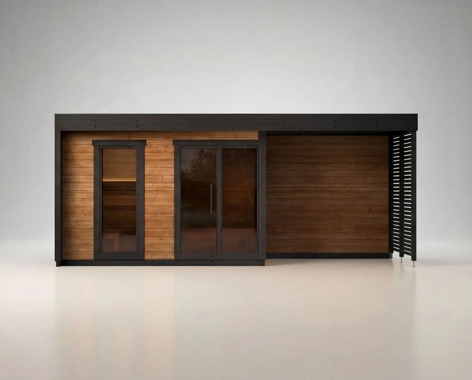 Leil® Patio L Plus | Premium Gartensauna aus Fichte oder Thermoholz mit Vorraum und Überdach |  605 x 239 x 245 cm (B/T/H)