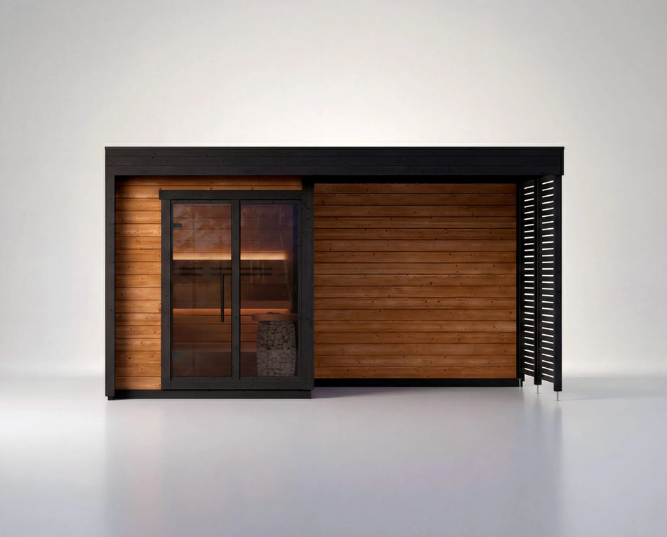 Leil® Patio S Plus | Premium Gartensauna aus Fichte oder Thermoholz mit Überdach |  462 x 239 x 254 cm (B/T/H)