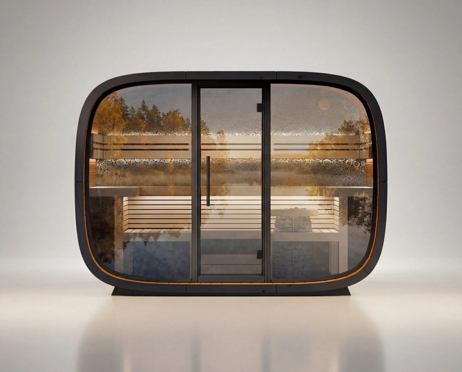 Leil® Round Cube Relax | Premium Gartensauna aus Thermoholz Design |  310 x 200 x 220 cm (B/T/H)