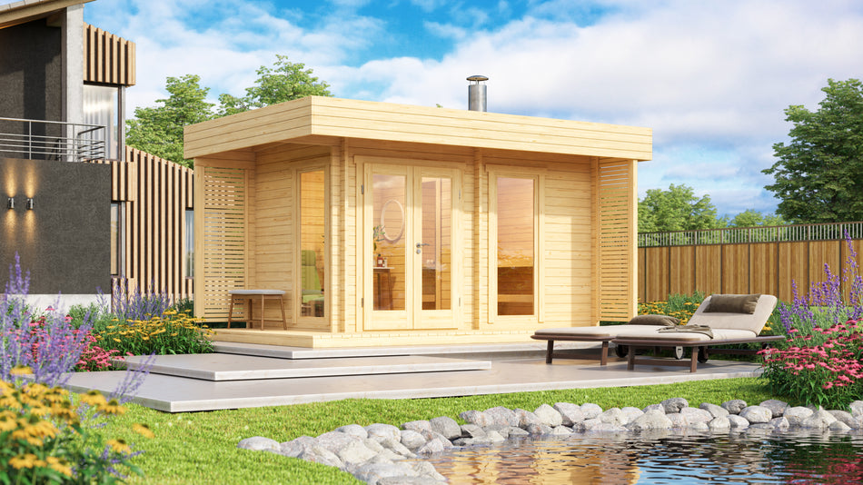 wellmia Reval | Gartensauna mit Vorraum Fichtenholz | 373 x 208 x 268 cm (B/T/H)