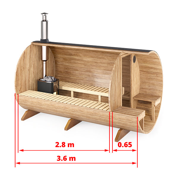 wellmia® Fasssauna Large Veranda | 360 cm für 6-8 Personen | Konfigurierbar