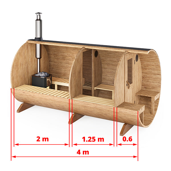 wellmia® Fasssauna Deluxe mit Vorraum | 400 cm für 4-6 Personen | Konfigurierbar