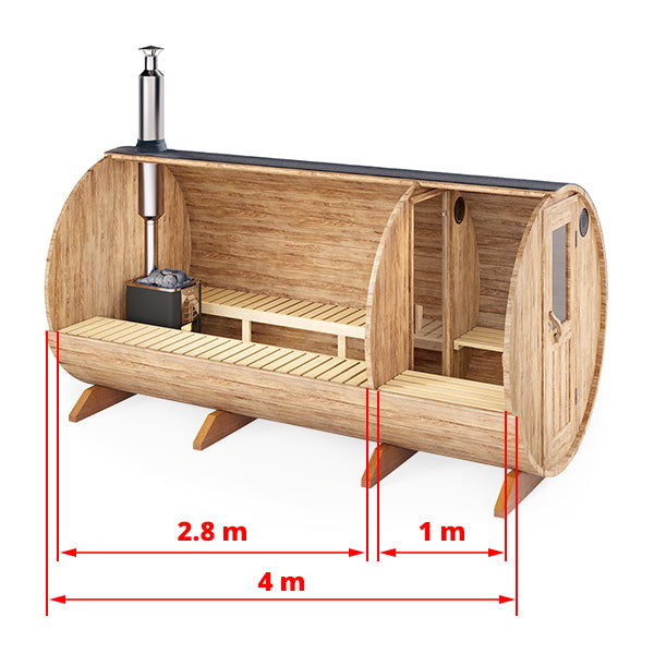 wellmia® Fasssauna Large Vorraum | 400 cm für 4-6 Personen | Konfigurierbar