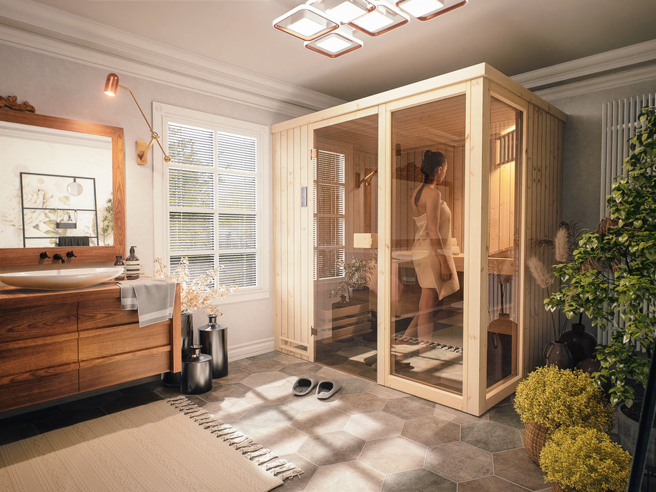 wellmia® Vital Premium | Innensauna Bausatz Fichtenholz mit 2 Fensterflächen | versch. Maße