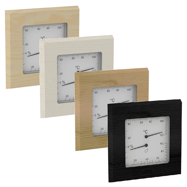 Sawo Thermo-Hygrometer Square in Zeder, Espe, Hemlock und Schwarz