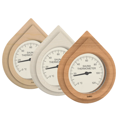 Sawo Saunathermometer Water Drop Tropfenform in Zeder, Espe und Hemlock