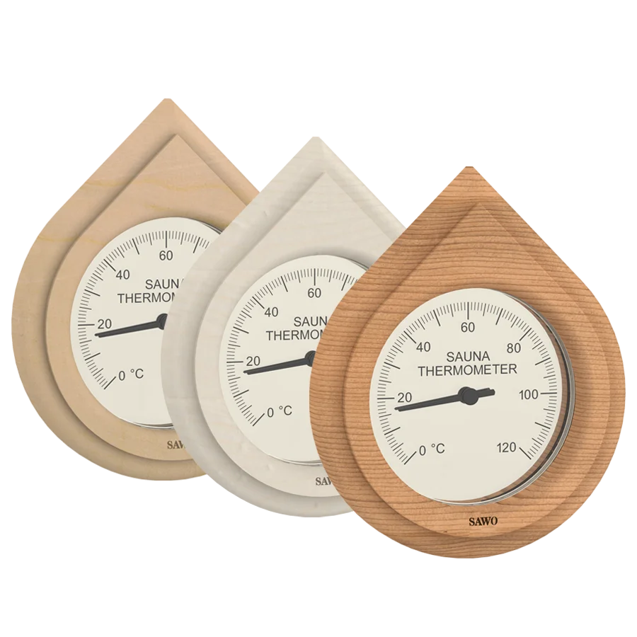Sawo Saunathermometer Water Drop Tropfenform in Zeder, Espe und Hemlock