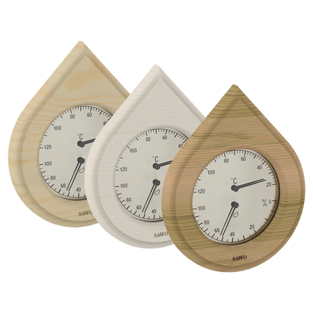 Sawo Thermo-Hygrometer Water Drop (Tropfenform) in Zeder, Espe und Hemlock