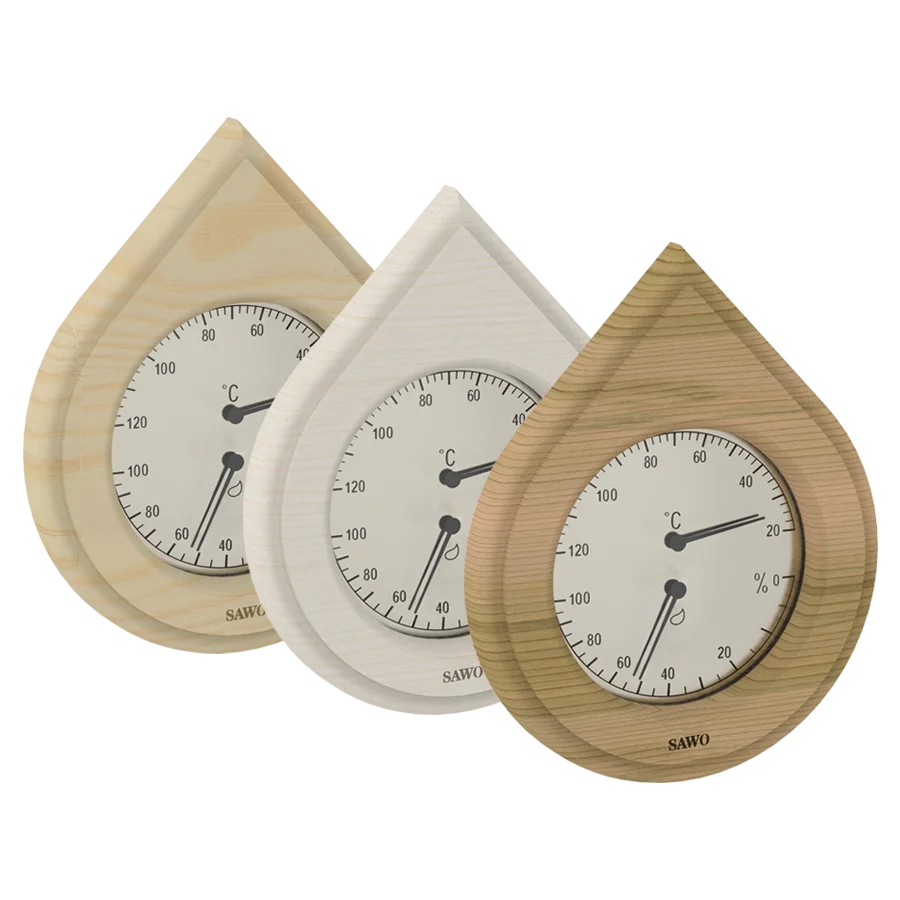 Sawo Thermo-Hygrometer Water Drop (Tropfenform) in Zeder, Espe und Hemlock