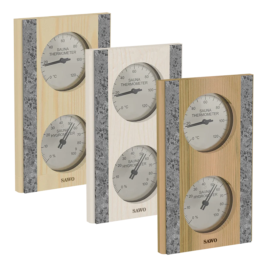 Sawo Thermo-Hygrometer vertikal mit 2 Specksteinen in Zeder, Espe und Hemlock