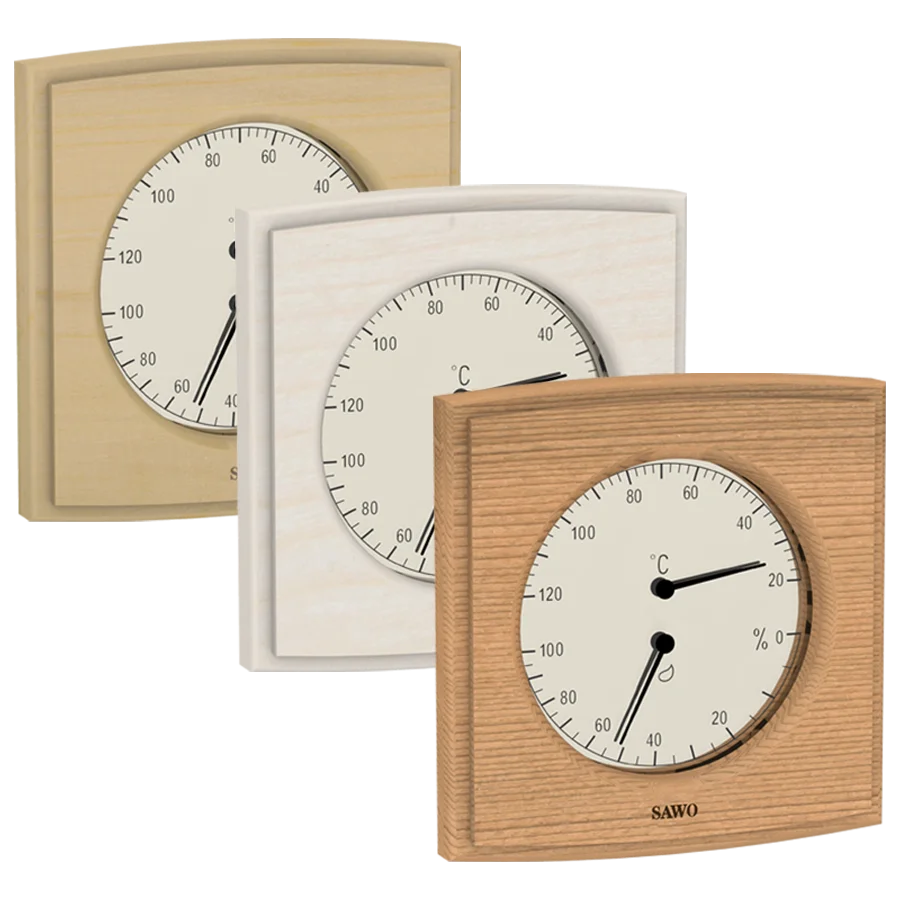 Sawo Thermo-Hygrometer Curved Square in Zeder, Espe und Hemlock