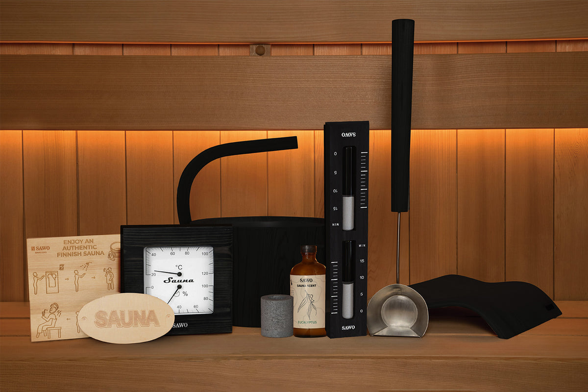 Sawo Dragon Set Saunazubehör 9-teilig in Schwarz mit Dragon Saunakübel, Dragon Kelle und Kopfstütze Wave
