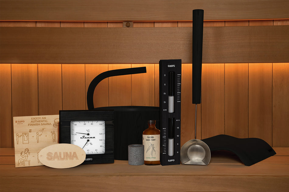Sawo Dragon Set Saunazubehör 9-teilig in Schwarz mit Dragon Saunakübel, Dragon Kelle und Kopfstütze Wave