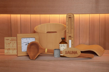 Sawo Signature Set Saunazubehör 9-teilig aus Zeder mit Kanto Saunakübel, Puro Kelle und Kopfstütze Wave