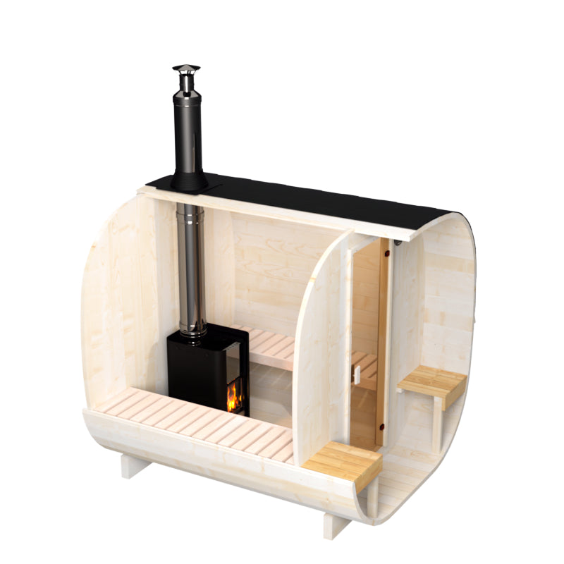 wellmia® Quadro Fasssauna Small Veranda 240 cm | konfigurierbar | kleines Saunafass mit Veranda für 4 Personen