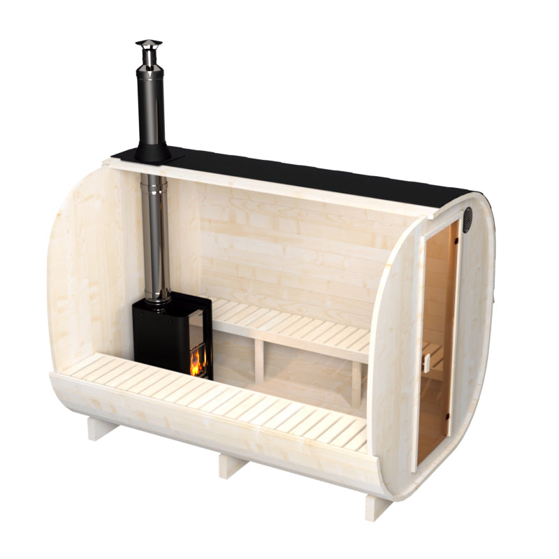 wellmia® Quadro Fasssauna Medium 300 cm | konfigurierbar | Saunafass mit großer Liegefläche für 6 Personen