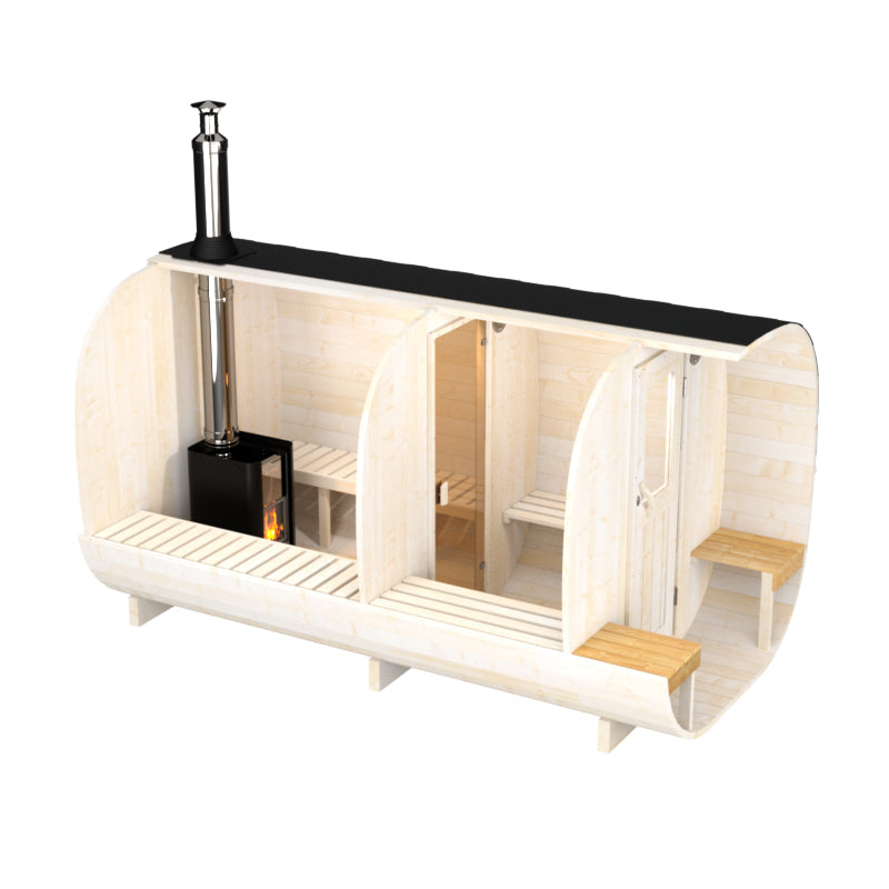 wellmia® Quadro Fasssauna Deluxe 400 cm | konfigurierbar | Saunafass mit Veranda und Vorraum für 4 Personen