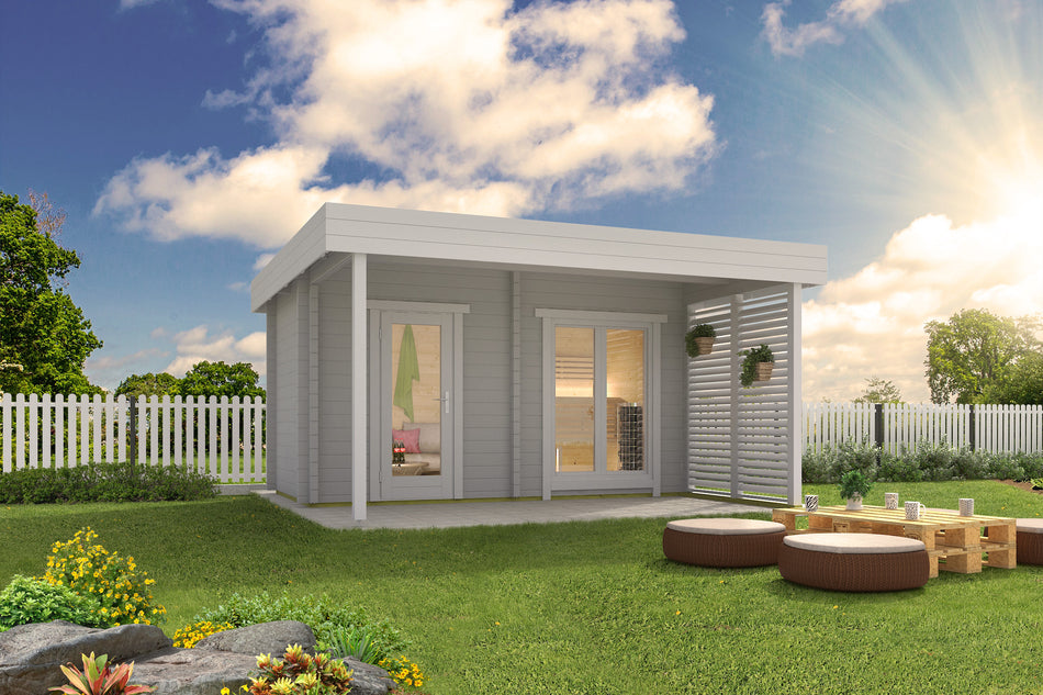 wellmia® Magnus mit Vorraum | Gartensauna mit Dachüberstand | 4,61 x 3,34m | für 3-4 Personen