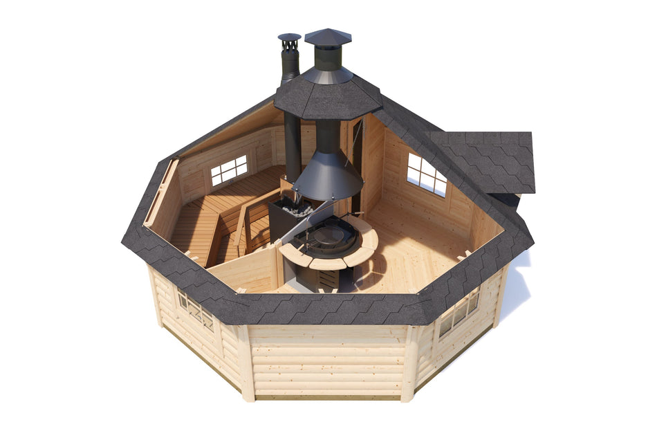 wellmia® Kota Tjorben | Grillkota mit Sauna 17m² | 445 cm x 483 cm x 330 (B x T x H)