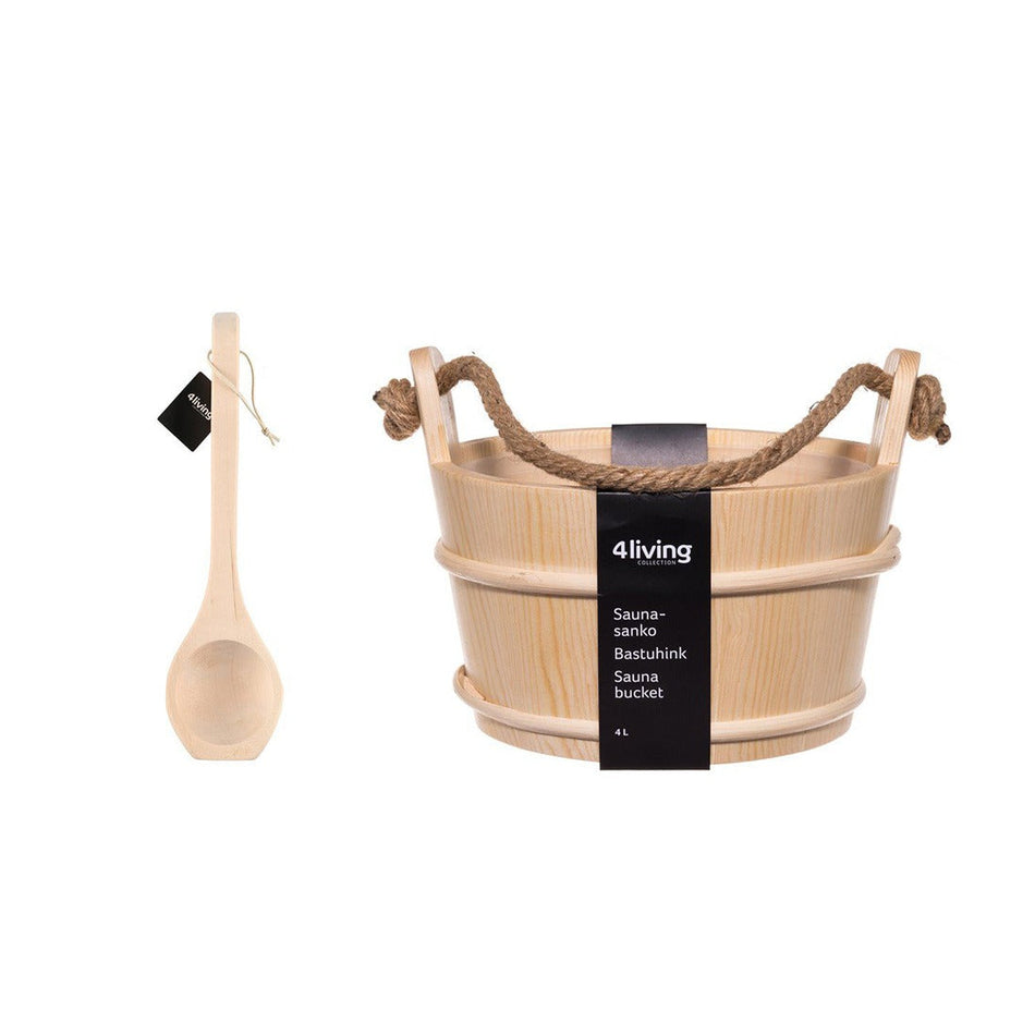 4living Set | Saunaeimer mit Kelle und Kunststoffeinsatz Saunakübel aus Fichtenholz Set | 4 Liter
