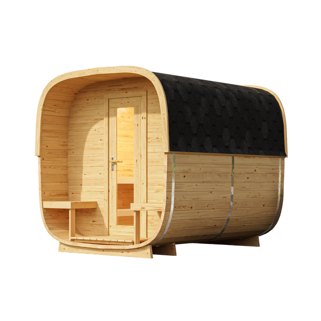 wellmia® Quadro+ S Fasssauna mit U-Bänken | Saunafass mit Terrasse konfigurierbar | 285 cm