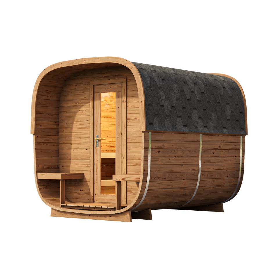 wellmia® Quadro+ S Fasssauna mit U-Bänken | Saunafass mit Terrasse konfigurierbar für 4-5 Personen | 285 cm