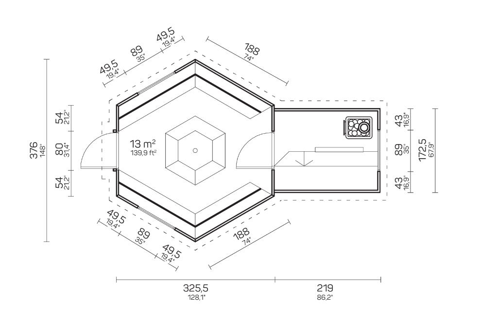 wellmia® Kota Taavi | Grillkota mit Sauna 13m² | 376 cm x 545 cm x 310 (B x T x H)