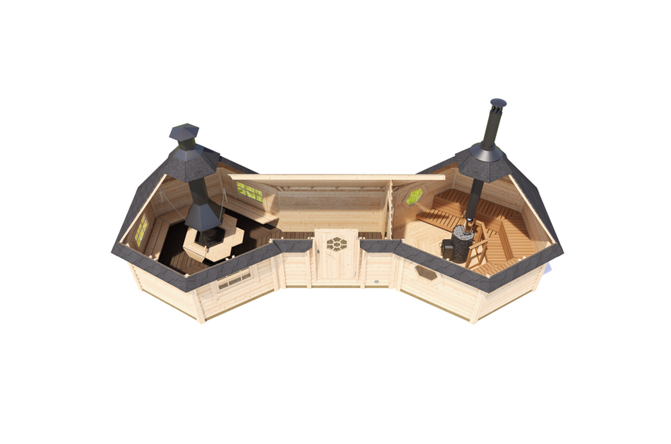 wellmia® Kota Jari | Grillkota mit Sauna 22m² | 861.5 cm x 367 cm x 310 (B x T x H)
