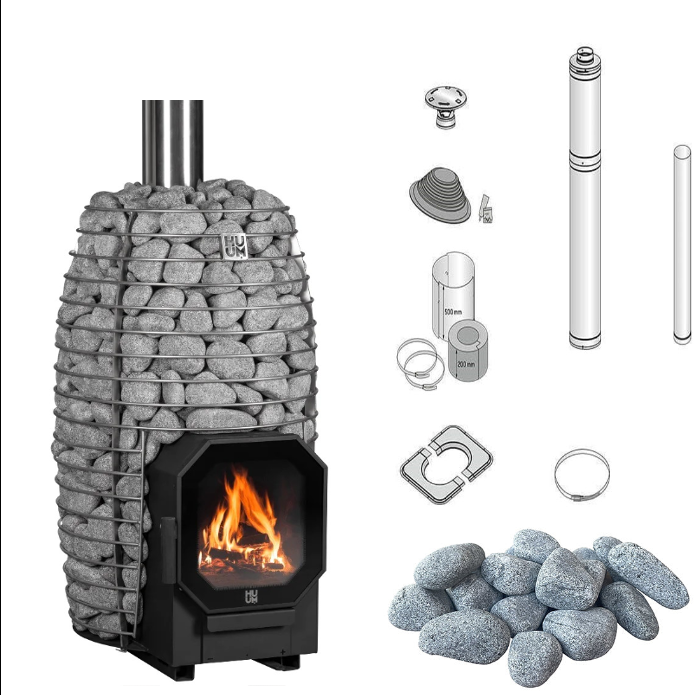 Huum HIVE Flow | Komplettset Sauna Holzofen innenbefeuert BimSchV 2 inkl. Schornsteinset nach Wahl & 150 kg Huum Saunasteine 5-10 cm | 9.8 kW
