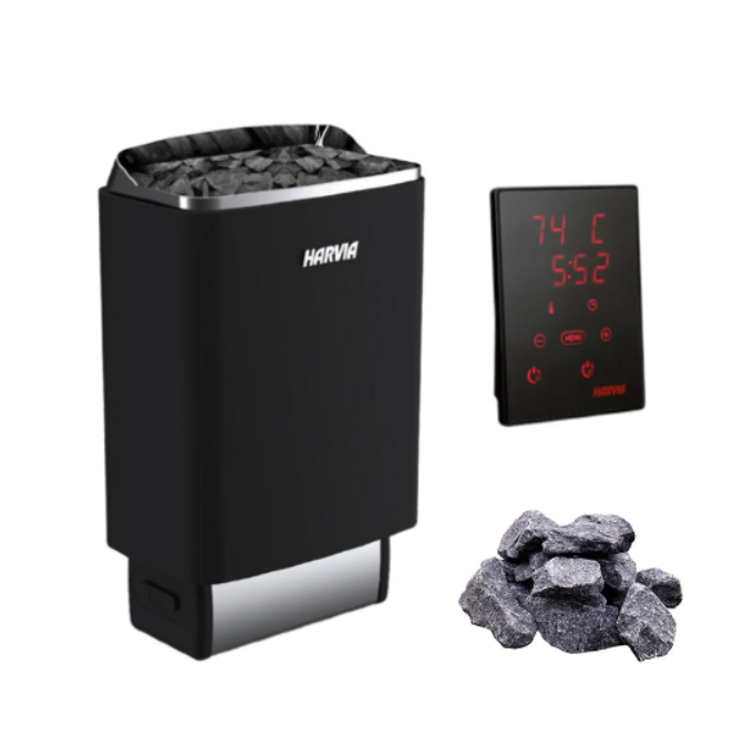Harvia Top Steel E | Elektroofen Komplettset Harvia CX110 Steuerung und 20 kg Harvia Saunasteinen | 4.5 kW / 6 kW / 8 kW / 9 kW