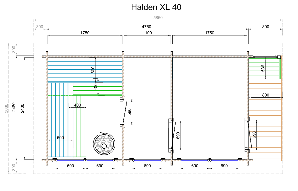 wellmia Halden XL | Gartensauna mit Vorraum und Überdach Fichtenholz  | 254 x 568 x 274 cm (B/T/H)
