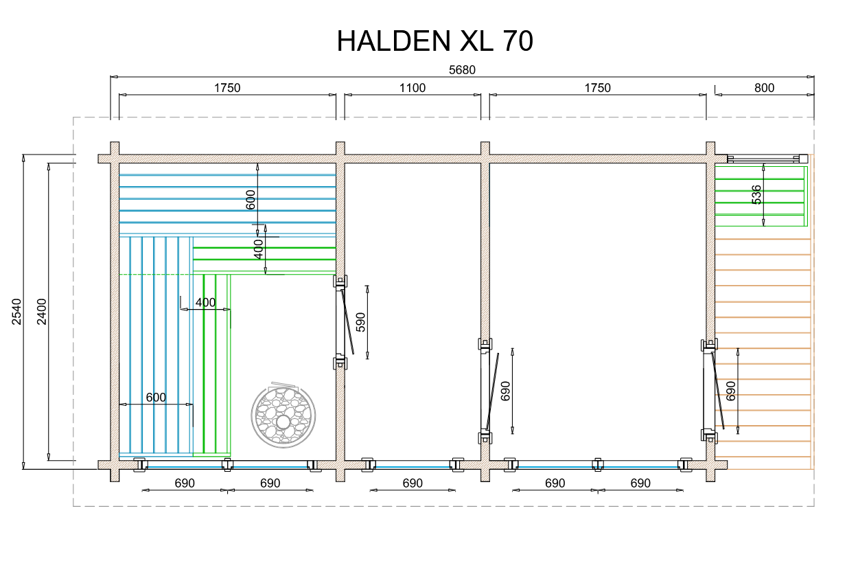 wellmia Halden XL | Gartensauna mit Vorraum und Überdach Fichtenholz  | 254 x 568 x 274 cm (B/T/H)