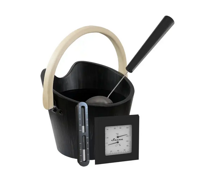 Sawo Premium Schwarz Sauna Zubehörset bestehend aus Saunakübel und Kelle, Sanduhr und Thermo-/Hygrometer