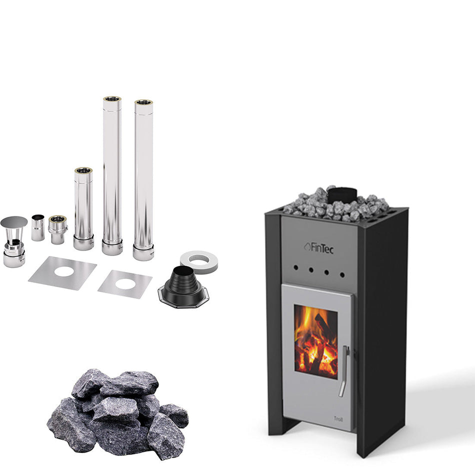 FinTec Troll | Saunaholzofen Komplettset mit BimSchV Stufe 2 inkl. FinTec Schornsteinset und 20 kg Saunasteine | 7,8 kW