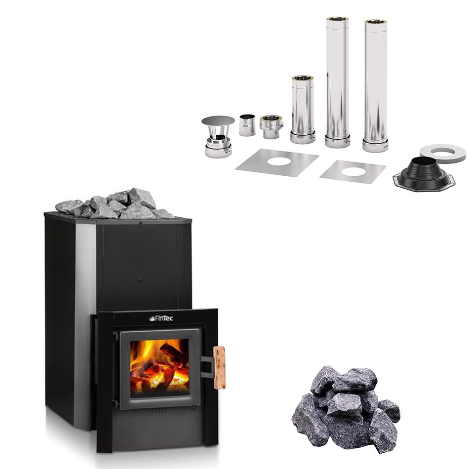 FinTec Iwo Trend MH | Saunaofen Außenbefeuerung Komplettset inkl. Schornsteinsystem und 40 kg Saunasteine erfüllt BimSchV 2 | 11,8 kW