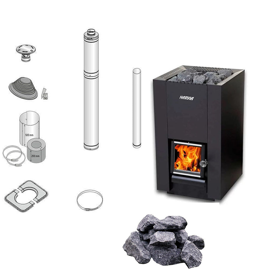 Harvia Linear 16 | Saunaofen Holz Komplettset inkl. Schornsteinset nach Wahl & 40 kg harvia Saunasteine 10-15 cm | 17,9 kW