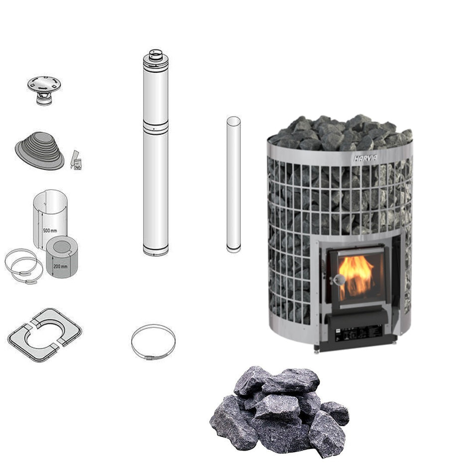Harvia Cilindro 20 | Saunaofen Holz Komplettset - inkl. Schornsteinset nach Wahl & 120 kg Saunastein | 17 kW