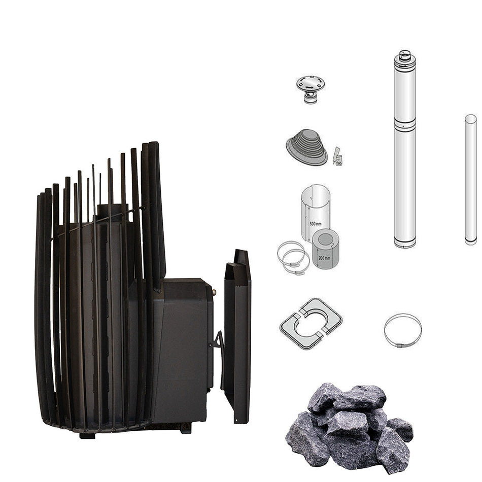 Cozy 12 SW TW | Saunaofen Holzofen mit Außenbefeuerung Komplettset mit BimSchV Stufe 2 - inkl. Schornsteinset nach Wahl & 100 kg Saunasteine | 11,5 kW