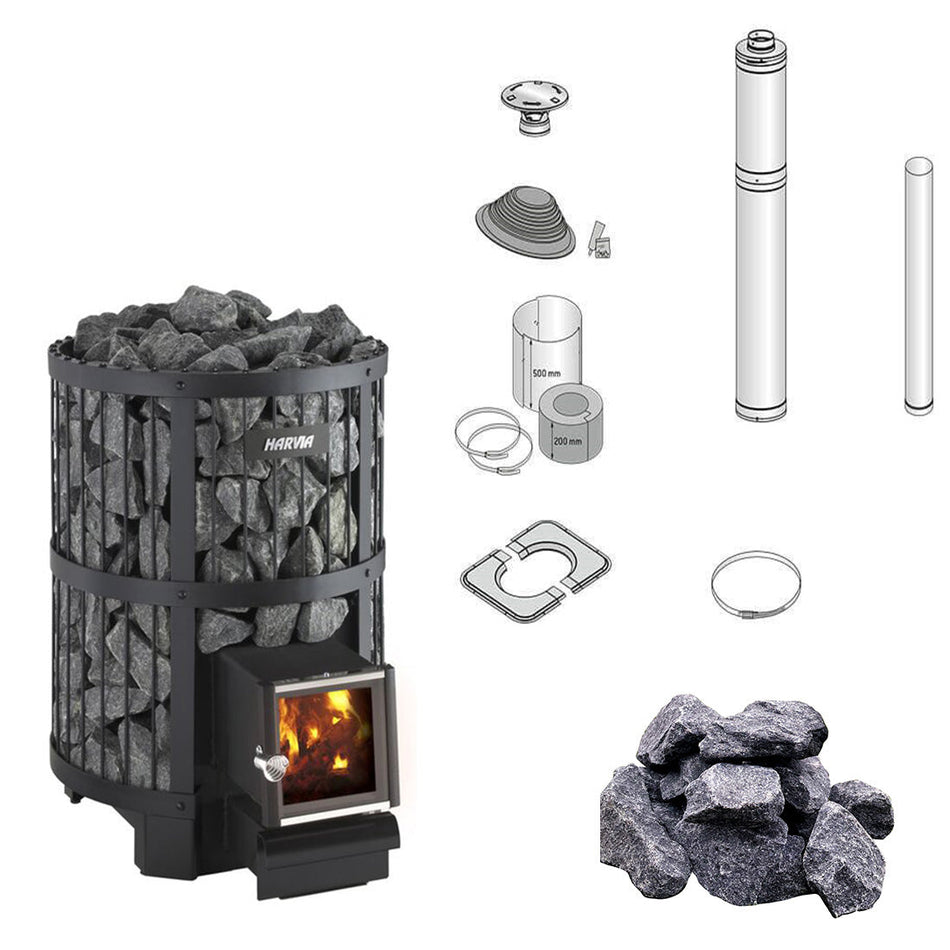 Harvia Legend 240 SL | Saunaofen Holz Komplettset erfüllt BimSchV Stufe 2 inkl. Schornsteinset & 200 kg Saunasteine  | 21 kW