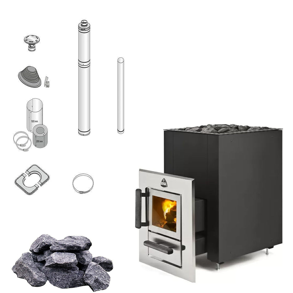 wellmia® Stan 14 ST Außenbefeuerung | Saunaofen Holz Komplettset inkl. Schornsteinset nach Wahl & 40 kg Saunasteine | 14 kW