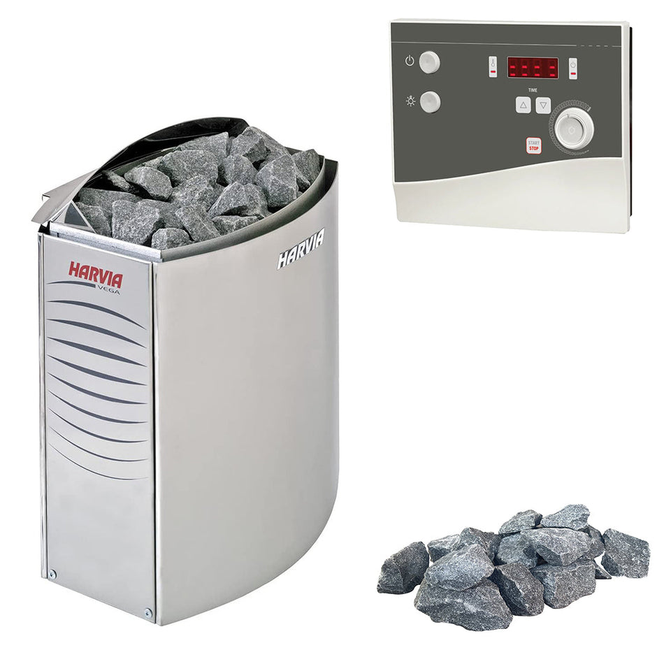 Harvia Vega E | Elektro Saunaofen Set mit Harvia K4 Next Saunasteuerung + Saunasteine | 4,5 kW / 6 kW / 9 kW
