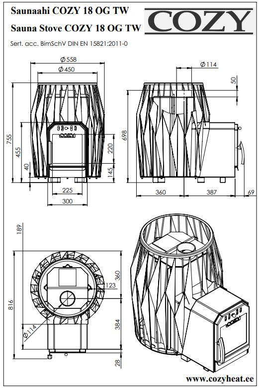 Cozy 18 OG TW | Saunaofen Holzofen mit Außenbefeuerung Komplettset mit BimSchV Stufe 2 - inkl. Schornsteinset nach Wahl & 100 kg Saunasteine