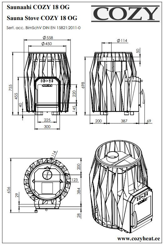 Cozy 18 OG | Saunaofen Holz Komplettset mit Zulassung BimSchV Stufe 2 - inkl. Schornsteinset nach Wahl & 100 kg original wellmia® Saunasteine 5-10 cm
