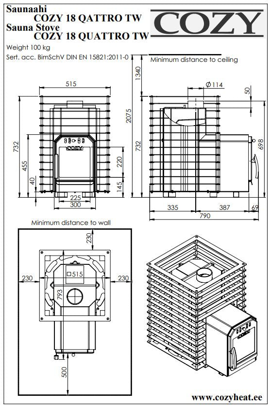 Cozy 18 Quattro TW | Holzofen mit Außenbefeuerung Komplettset mit BimSchV Stufe 2 - inkl. Schornsteinset & 100 kg Saunasteine