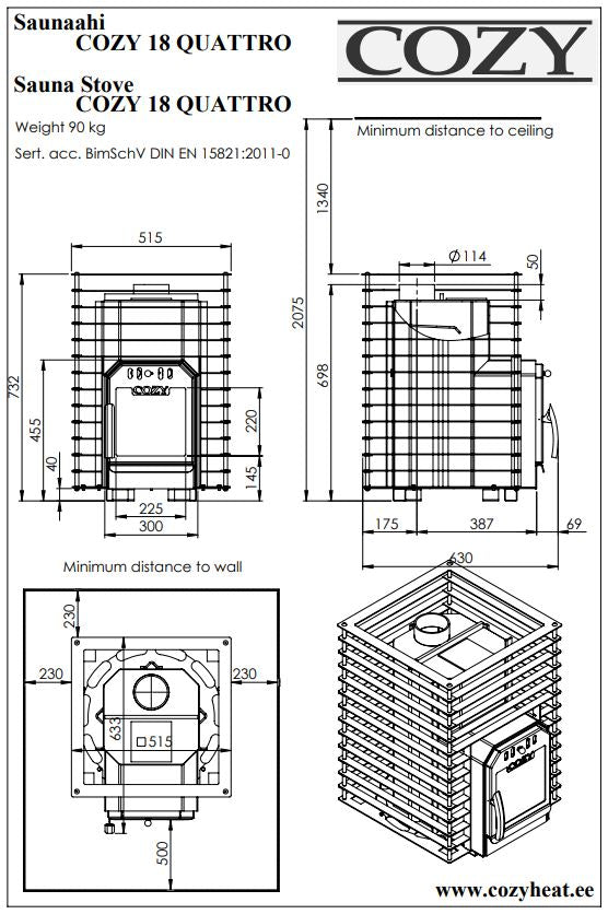 Cozy 18 Quattro | Saunaofen Holz Komplettset mit BimSchV Stufe 2 - inkl. Schornsteinset & 100 kg Saunasteine