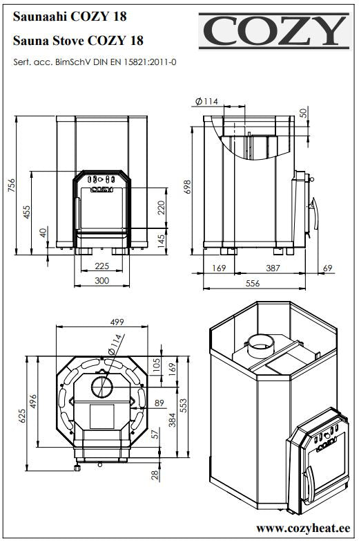 Cozy 18 | Saunaofen Holz Komplettset mit Zulassung BimSchV Stufe 2 - inkl. Schornsteinset nach Wahl & 100 kg original wellmia® Saunasteine 5-10 cm