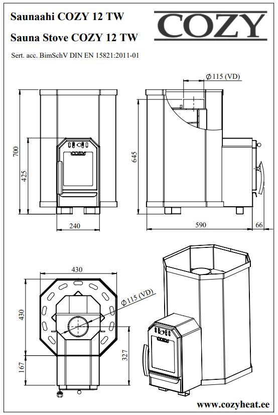 Cozy 12 TW | Saunaofen Holzofen mit Außenbefeuerung Komplettset mit BimSchV Stufe 2 - inkl. Schornsteinset & 100 kg Saunasteine | 11,5 kW