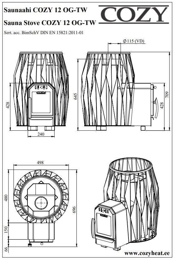 Cozy 12 OG TW | Saunaofen Holzofen mit Außenbefeuerung Komplettset mit BimSchV Stufe 2 - inkl. Schornsteinset & 100 kg Saunasteine | 11,5 kW